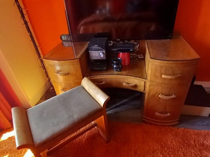 Antique Walnut Art Deco Style Mirror Dressing Table and Stool.
