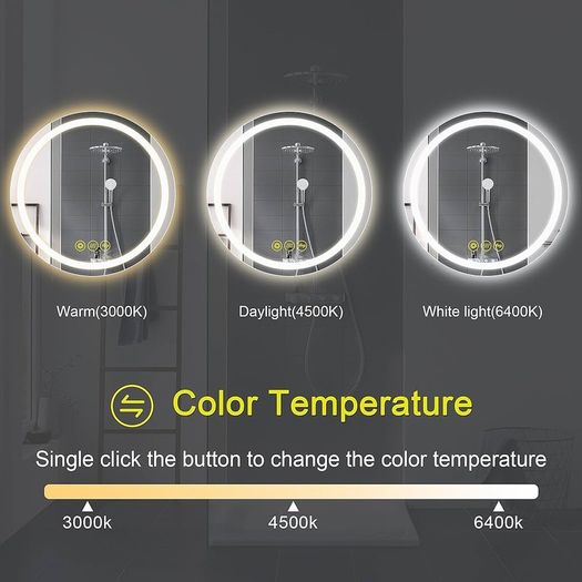 NEW SALE | 600mm Round Bathroom LED Mirror Illuminated Backlit Bathroom Circle Mirror with LED Lights for Wall Touch Switch Demister 3 LED Light Color Dimmable