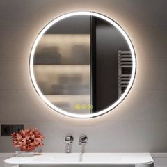 500mm Round Bathroom LED Mirror Illuminated Backlit Bathroom Circle Mirror with LED Lights for Wall Touch Switch Demister 3 LED Light Color Dimmable