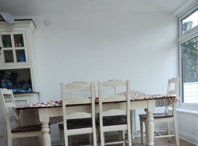 7ft farmhouse dining tabke and 6 chairs. Sine markings as well used over years. Very sturdy. Selling as downsizing.