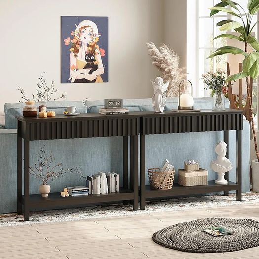 Narrow Fluted Console Table with 2 Drawers and Open Shelf Modern Painted Wood Sofa Table for Hallway, Living Room or Behind Couch (Black)
