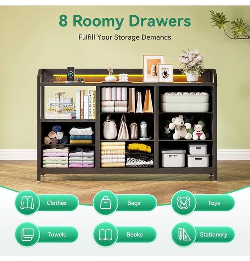Black Chest of Drawers Bedroom, 8 Large Fabric Drawers, 110x30x88