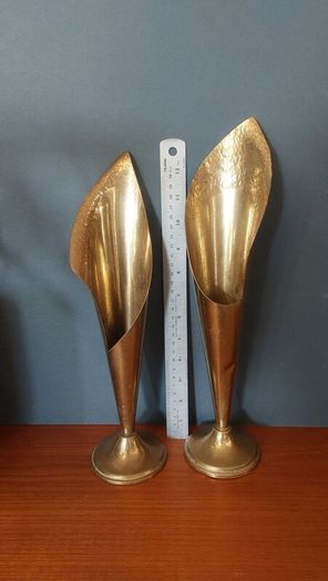 A Fabulous Pair of Rare Antique/Vintage Brass Arts & Crafts Style "Calla Lily" or "Trumpet" Vases with Hand-Beaten Repousse Finish  - Priced as a Pair, But Can be Sold Separately
