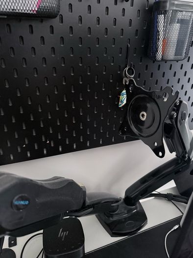 Complete desktop setup- 2 desktops, arm that holds 2 desktops and accessories.