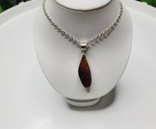 Vintage Sterling Silver Amber Pendant & Chain - Statement Necklace