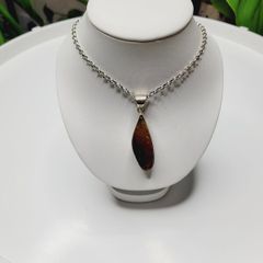 Vintage Sterling Silver Amber Pendant & Chain - Statement Necklace