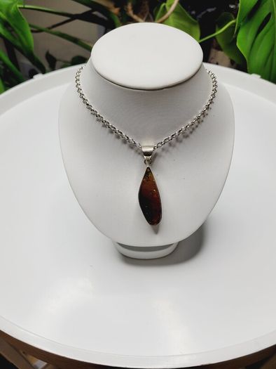 Vintage Sterling Silver Amber Pendant & Chain - Statement Necklace