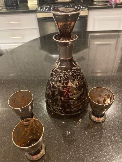 Amethyst Silver Decorated Decanter VINTAGE    With Three Matching Glasses