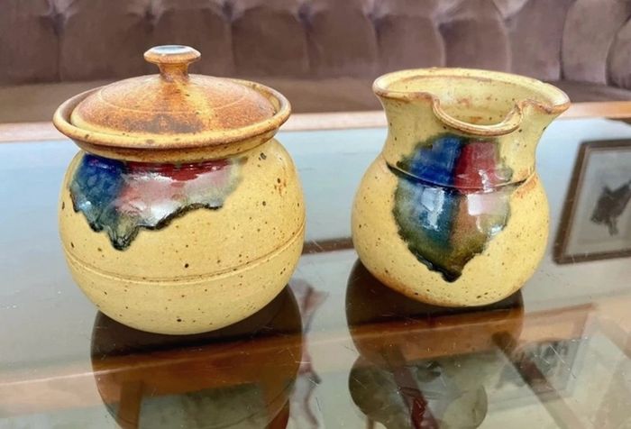 Vintage Stoneware Creamer or Small Jug & Lidded Sugar Bowl made by Badger Hill Pottery