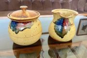 Vintage Stoneware Creamer or Small Jug &amp; Lidded Sugar Bowl made by Badger Hill Pottery