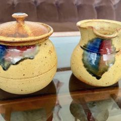 Vintage Stoneware Creamer or Small Jug & Lidded Sugar Bowl made by Badger Hill Pottery