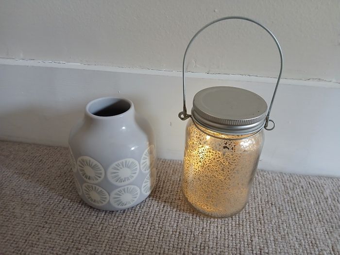 Small grey and white Next vase, with free item - battery operated light-up jar