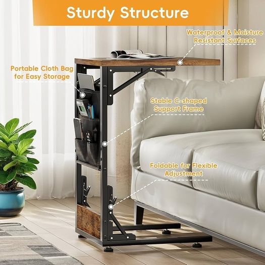 Foldable Side Table Bedside Table with Storage Bag, Metal Frame Coffee Table for Living Room Bedroom Office, Rustic Brown