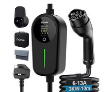 EV Charger 3 Pin Plug 32.81Ft/10M Type 2 Charging Cable 3kW, [6/8/10/13A] Electric Car Charger IP65 Advanced Protection car charging cable Suitable for EVs & PHEVs