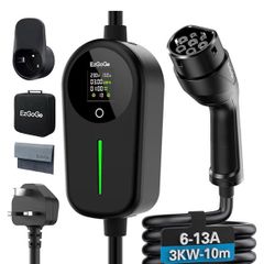 EV Charger 3 Pin Plug 32.81Ft/10M Type 2 Charging Cable 3kW, [6/8/10/13A] Electric Car Charger IP65 Advanced Protection car charging cable Suitable for EVs & PHEVs