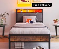single LED Lights,Metal Upholstered Platform Bed Frame with Charging