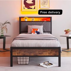 single LED Lights,Metal Upholstered Platform Bed Frame with Charging