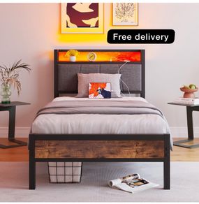 single LED Lights,Metal Upholstered Platform Bed Frame with Charging