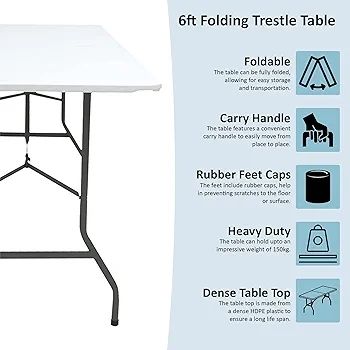 Folding Table 6ft Heavy Duty Extra Strength Camping Buffet Wedding Market Garden Party Car Boot Stall Picnic Trestle Indoor Outdoor Foldaway Carry Handle