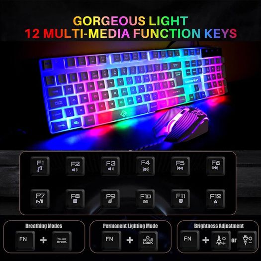 Raptor White Gaming Keyboard And Mouse Set With Large Mouse Pad, Rainbow LED Illustrated Keys, USB Wired Desktop Combo, UK Layout, For Desktop PC, Laptop, PS4, PS5, Xbox One