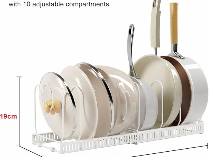 Expandable Pans Organiser Rack, Pan Lid Storage with 10 Adjustable Dividers, Pot Lid Holder, Kitchen Cupboard Organiser (White)