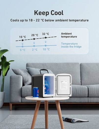 MASSIVE SALE Mini Fridge 4 Litre, 6 Can Portable AC+DC Power Cooler & Warmer, for Bedrooms, Cars, Offices; Skincare, Makeup, Cosmetics, Food