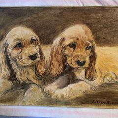 Cocker Spaniel Puppies oil on board- No Frame signed evelyn barwell ?
