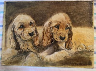 Cocker Spaniel Puppies oil on board- No Frame signed evelyn barwell ?