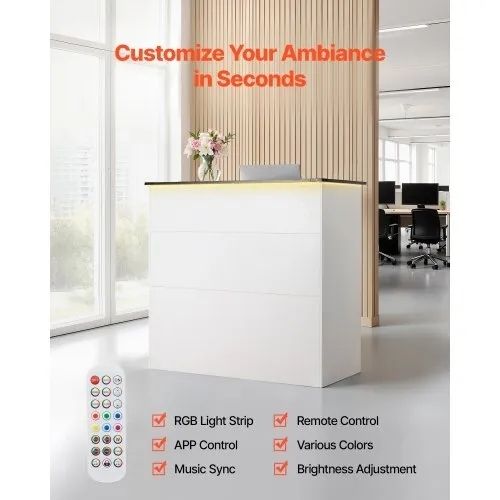 Reception Desk, 127.5cm Rectangular Front Counter Table, Modern Office Reception Desk with Light Strip, 3 Drawers & Storage Cabinets, Retail Counter Table