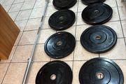 Olympic 25kg Hex Shrug Deadlift Bar, Olympic 20kg 7 Foot Barbell + 100kg Olympic Bumper Weight Plates And Jaw Lock Collars!!