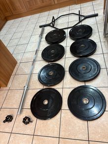 Olympic 25kg Hex Shrug Deadlift Bar, Olympic 20kg 7 Foot Barbell + 100kg Olympic Bumper Weight Plates And Jaw Lock Collars!!