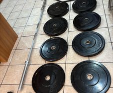 Olympic 25kg Hex Shrug Deadlift Bar, Olympic 20kg 7 Foot Barbell + 100kg Olympic Bumper Weight Plates And Jaw Lock Collars!!