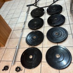 Olympic 25kg Hex Shrug Deadlift Bar, Olympic 20kg 7 Foot Barbell + 100kg Olympic Bumper Weight Plates And Jaw Lock Collars!!