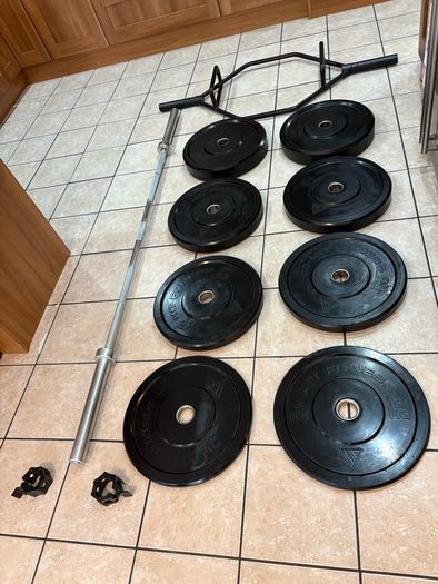 Olympic 25kg Hex Shrug Deadlift Bar, Olympic 20kg 7 Foot Barbell + 100kg Olympic Bumper Weight Plates And Jaw Lock Collars!!