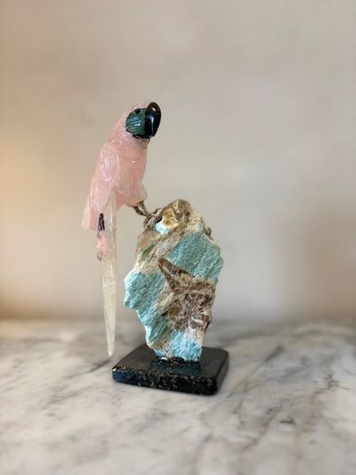 Hand-Carved Rose Quartz Parrot on Raw Amazonite & Crystal Matrix Base