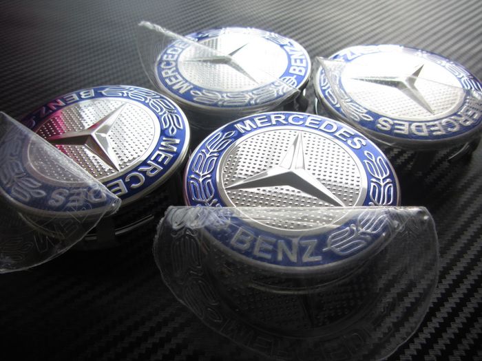 Mercedes Benz Classic 75mm Chrome / Blue 4 x Wheel Center Caps Cap Hub