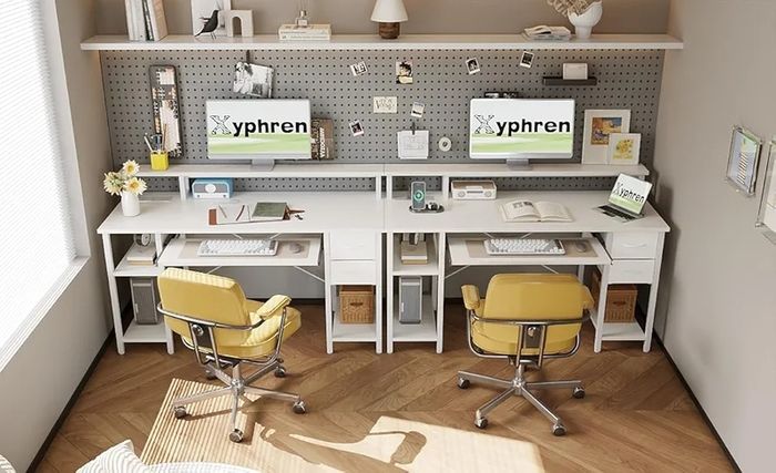 Computer Desk with Drawers & Power Outlets, Office Desk with Storage Monitor Stand, Reversible Small Desks for Home Office Bedroom, 120 / 50cm, White