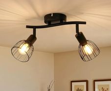 2 Way Spot Lights Ceiling, Adjustable Kitchen Light Fittings with E14 Socket, Matt Black Wire Cage Wall Spotlight Bar, Industrial Ceiling Light for Indoor Hallway Bedroom, Bulb Not Included