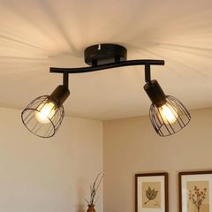 2 Way Spot Lights Ceiling, Adjustable Kitchen Light Fittings with E14 Socket, Matt Black Wire Cage Wall Spotlight Bar, Industrial Ceiling Light for Indoor Hallway Bedroom, Bulb Not Included