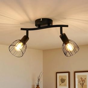 2 Way Spot Lights Ceiling, Adjustable Kitchen Light Fittings with E14 Socket, Matt Black Wire Cage Wall Spotlight Bar, Industrial Ceiling Light for Indoor Hallway Bedroom, Bulb Not Included