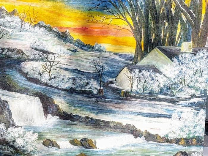 Original unframed hand painted landscape artwork  - Early Autumn Snow.