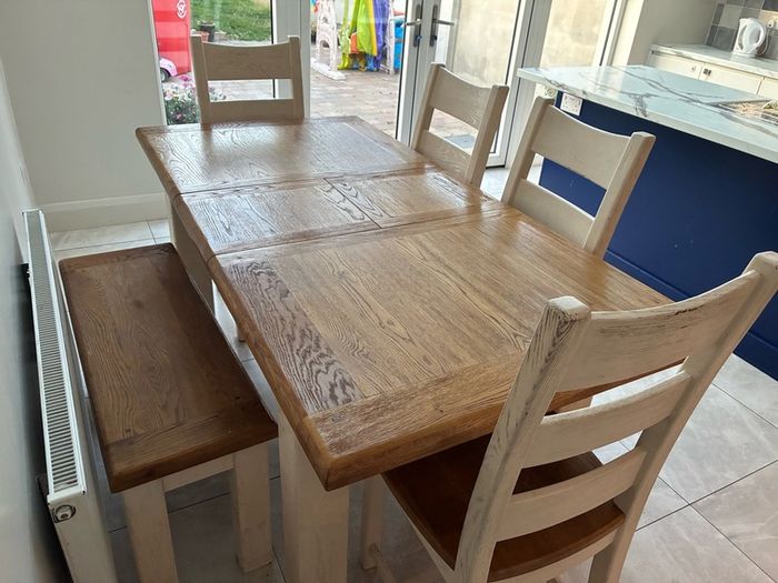 Solid Farmhouse Dining Table, 4 Chairs & Bench