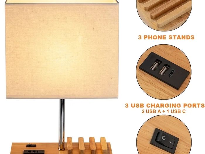 USB Bedside Table Lamp, HHome Plus Desk Lamp with 3 USB Charging Ports and Phone Charge Dock, Wood Charging Station and Organizer, Perfect Light for Bedroom, Guest Room, Living Room, Office