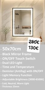 LED Bathroom Mirror 50x70cm Antifog Defogger Black Frame