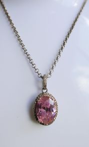 Vintage Sterling Silver 925 PINK OVAL CRYSTAL PENDANT NECKLACE Pea Chain traditional necklace length 20" - 14,8g