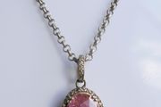 Vintage Sterling Silver 925 PINK OVAL CRYSTAL PENDANT NECKLACE Pea Chain traditional necklace length 20" - 14,8g