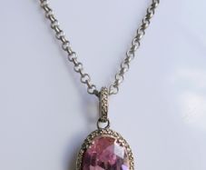 Vintage Sterling Silver 925 PINK OVAL CRYSTAL PENDANT NECKLACE Pea Chain traditional necklace length 20" - 14,8g