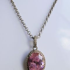 Vintage Sterling Silver 925 PINK OVAL CRYSTAL PENDANT NECKLACE Pea Chain traditional necklace length 20" - 14,8g