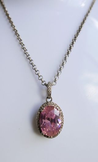 Vintage Sterling Silver 925 PINK OVAL CRYSTAL PENDANT NECKLACE Pea Chain traditional necklace length 20" - 14,8g