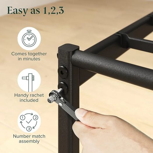 Modern Double Metal Bed Frame with Headboard (135 x 190 cm) Steel Slat Support, Easy Assembly Black